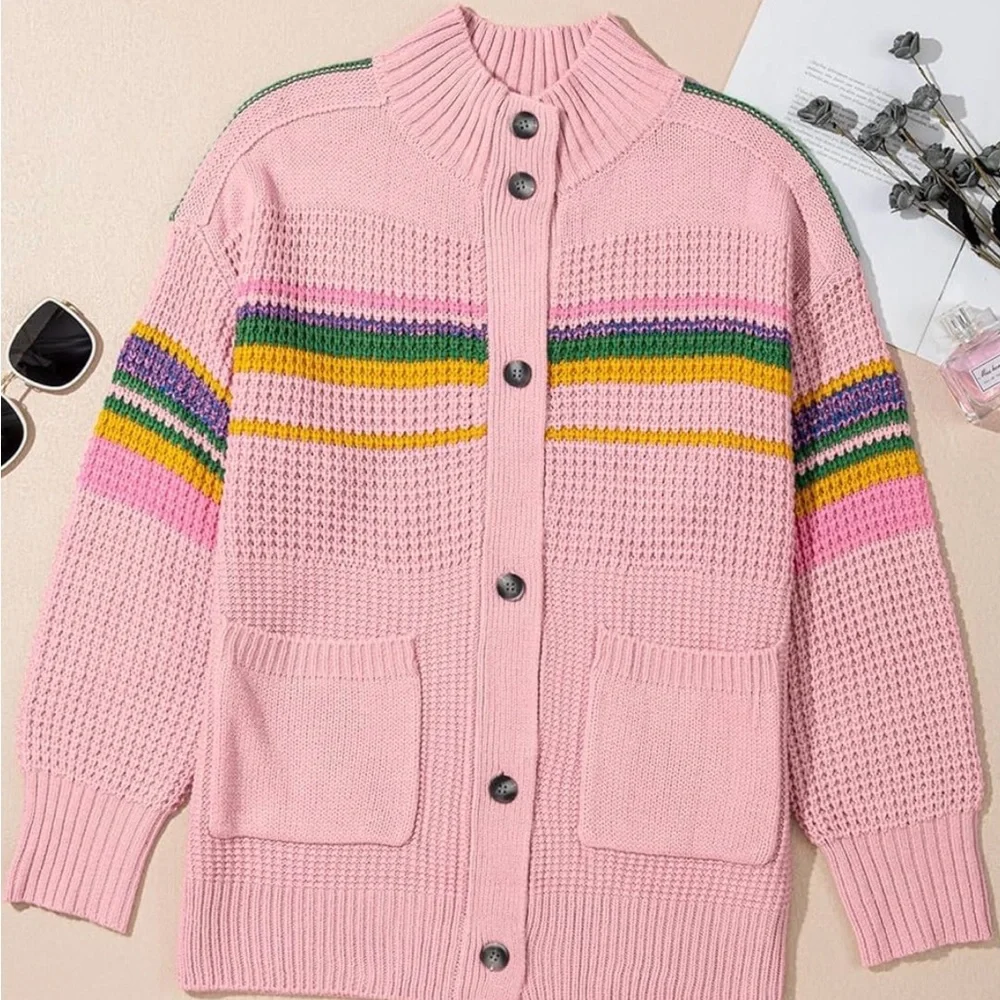 Pink Stripe Cable Knit Cardigan Summer Sweater. Size: Medium (8-10) NWT - Picture 9 of 10